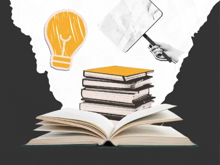 Clip art collage of books, a lightbulb, and a protest sign, indicating freedom of speech